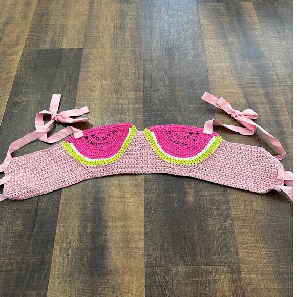 Handmade Crochet Watermelon Bralette Top Pink Tie-Back Size Medium - Picture 7 of 8
